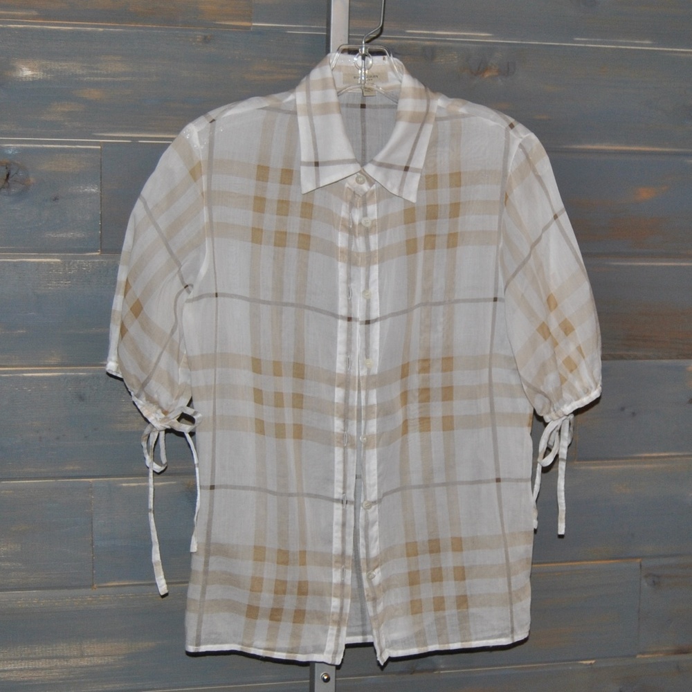 Burberry White, Tan Nova Check Tie Sleeve Blouse 8